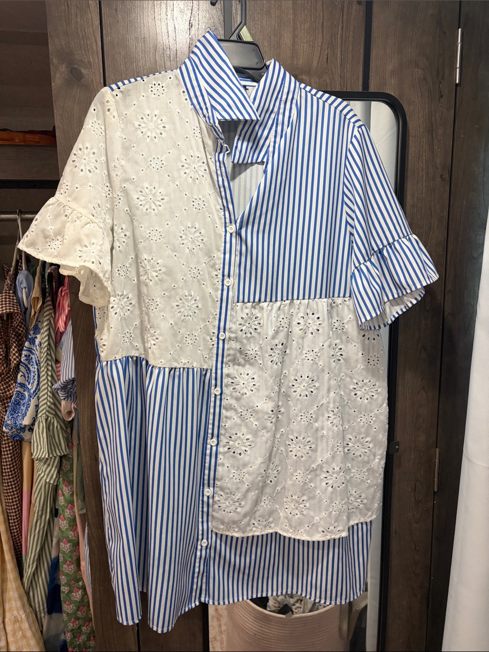 Women’s Blue & White Striped Eyelet Patchwork Shirt Dress
